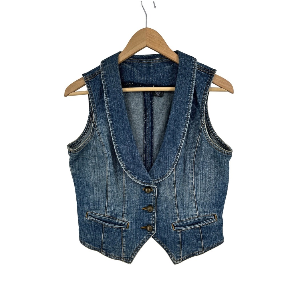 Vintage Y2K Denim Vest Womens Medium Shawl Collar Button Front